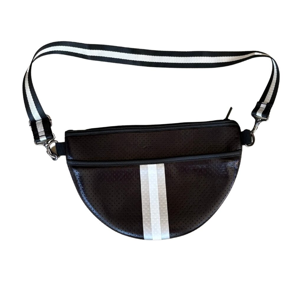 Haute Shore Neoprene Belt Bag Crossbody Black White Stripe Half Moon Athleisure